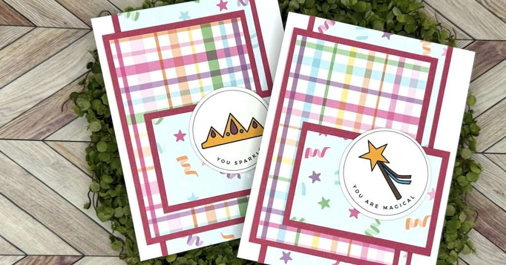 Set of princess themed cards with multi colored plaid and a You are Magical Sentiment featuring a Paper Busting Template from Jess Crafts