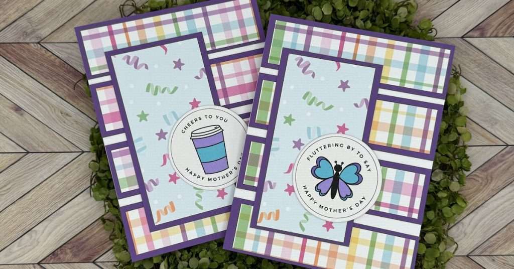 A mother's day themed card with multi colored plaid and a Happy Mother's Day Sentiment featuring a Paper Busting Template from Jess Crafts