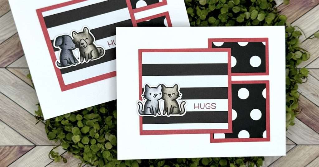 handmade card featuring two small rectangle on the right and one larger square on the left on a landscape style card. Hugs sentiment and gray animals embellishment