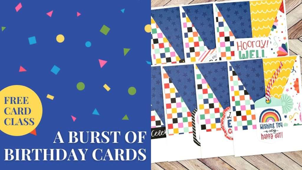 Birthday cards made from triangular cuts of brightly colored paper with sentiment tags attached in the middle
